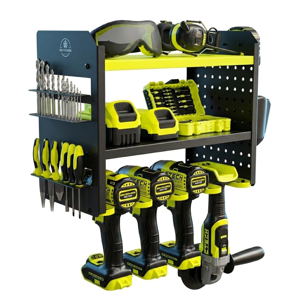 BuiltStrong power tool organizer wall mount with 3-tier keeps cordless drills organized and within reach.