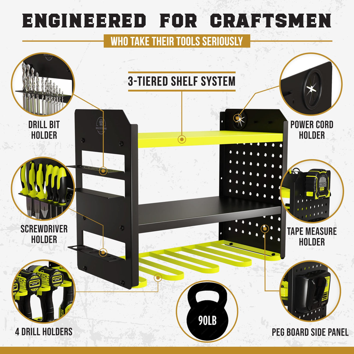 BuiltStrong tool organizer wall mount with four drill bays for quick access to drills.