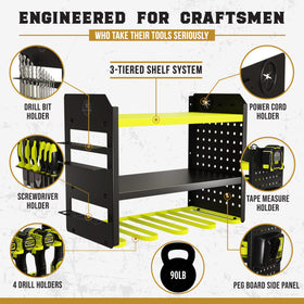 BuiltStrong tool organizer wall mount with four drill bays for quick access to drills.