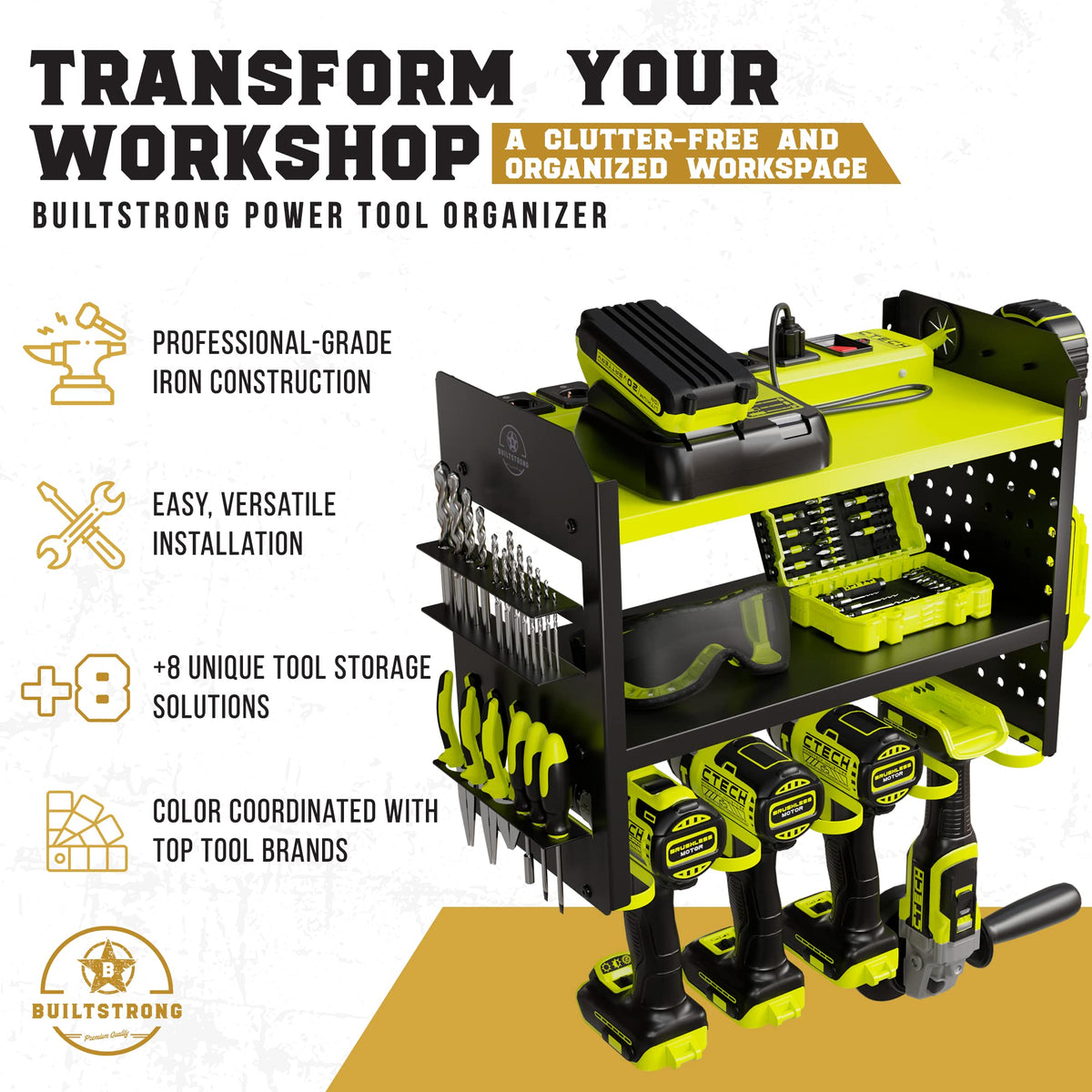BuiltStrong organizer wall mount features pegboard side for hammer and wrench storage.