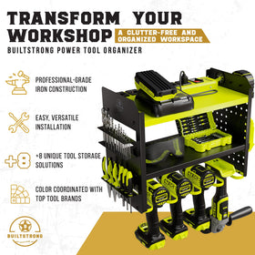 BuiltStrong organizer wall mount features pegboard side for hammer and wrench storage.