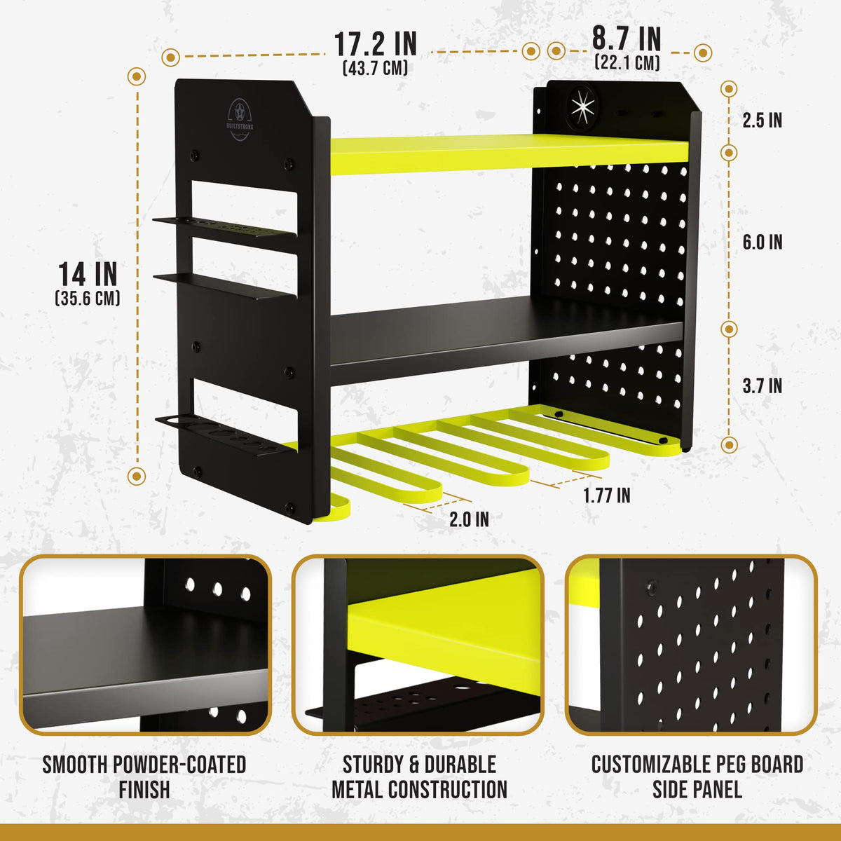 BuiltStrong wall mount provides three open shelves for batteries, chargers, and small parts.