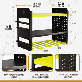 BuiltStrong wall mount provides three open shelves for batteries, chargers, and small parts.