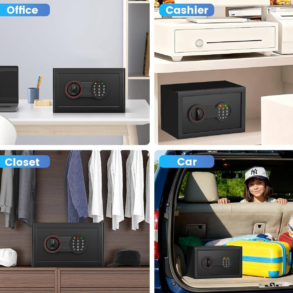 Bukumo complete package includes safe, spare keys, bolts, and bag for security.