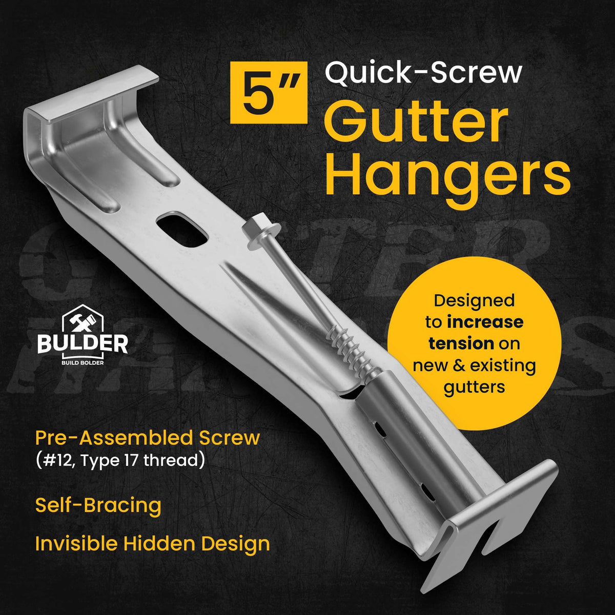 Bulder Quick-Screw 5-inch gutter hanger installed with a nut driver for fast setup.