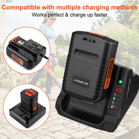 Bull-Tech 40V Max battery next to a charger ready for use