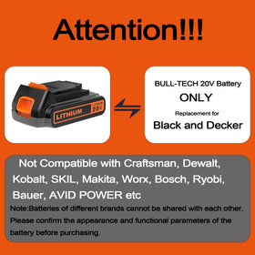 Bull-Tech battery installed in tool showing BLACK+DECKER compatibility