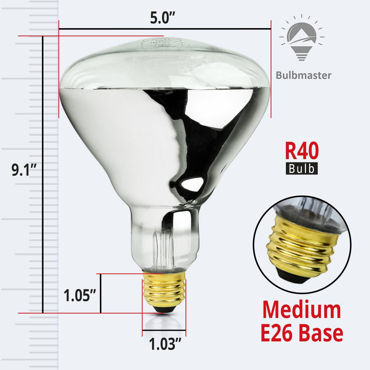 BULBMASTER 250W R40 infrared glow heats spaces quickly in a bath setting.