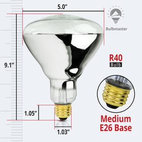 BULBMASTER 250W R40 infrared glow heats spaces quickly in a bath setting.