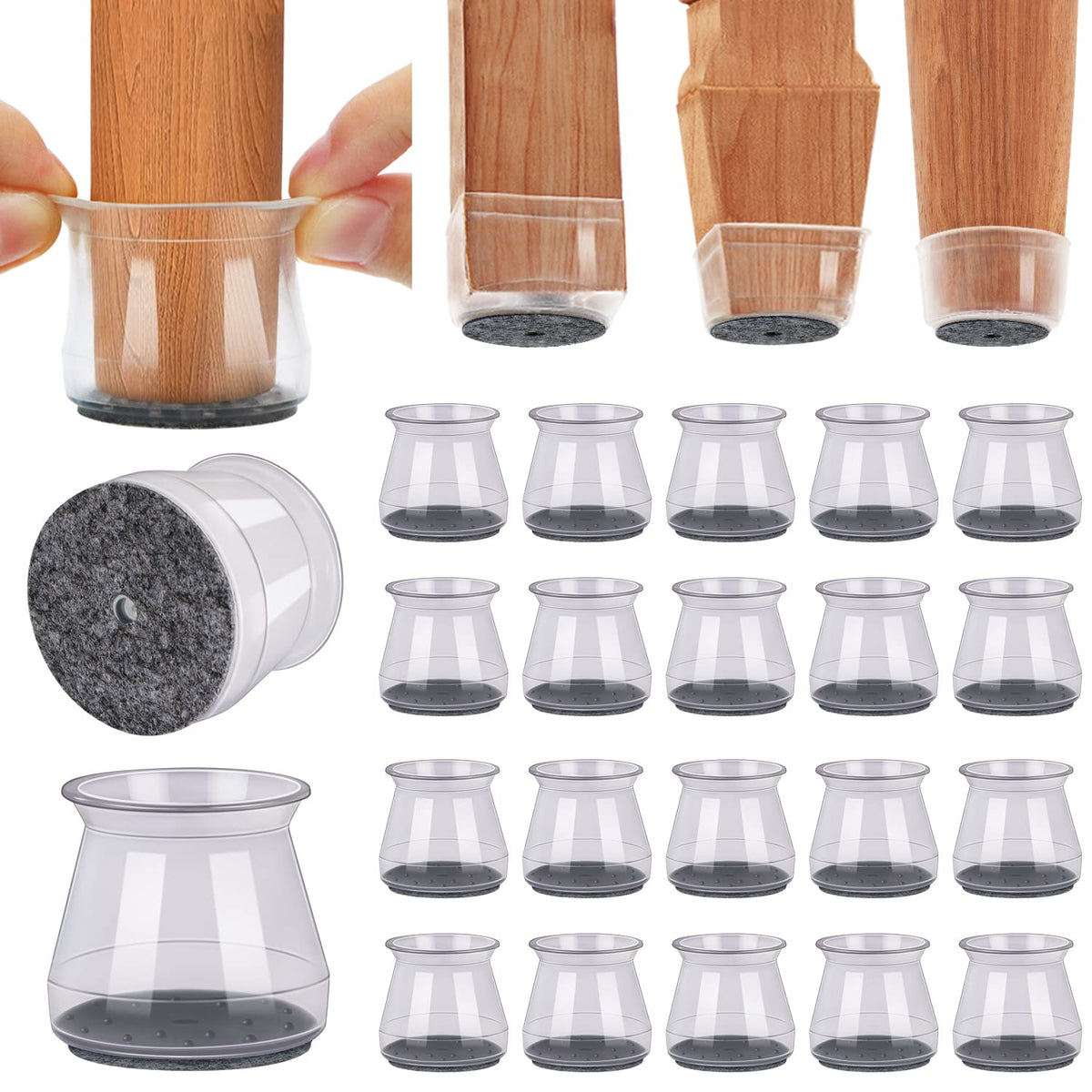 BUMACO clear chair leg protectors in a universal 20-piece set for strong floor protection.