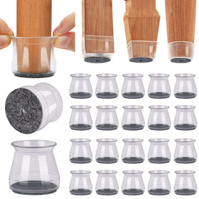 BUMACO clear chair leg protectors in a universal 20-piece set for strong floor protection.