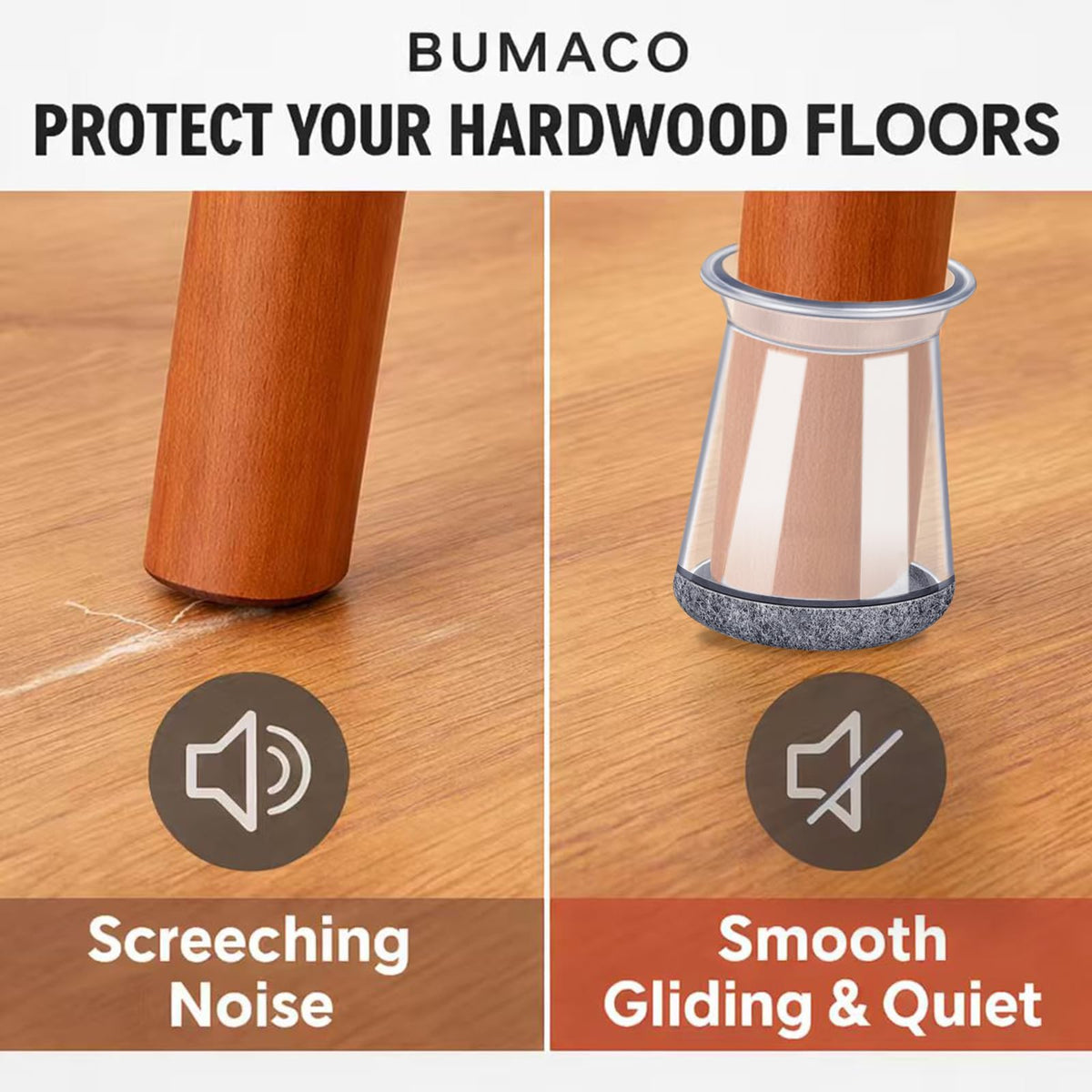 BUMACO floor-protection chair leg guards protect hardwood and tile floors.