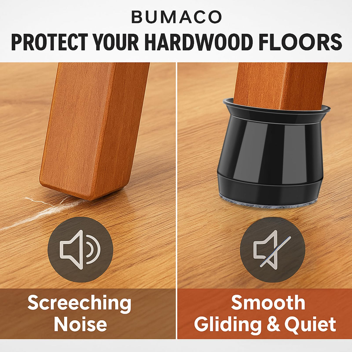 BUMACO floor-protection guards reduce chair movement noise on tile and wood.