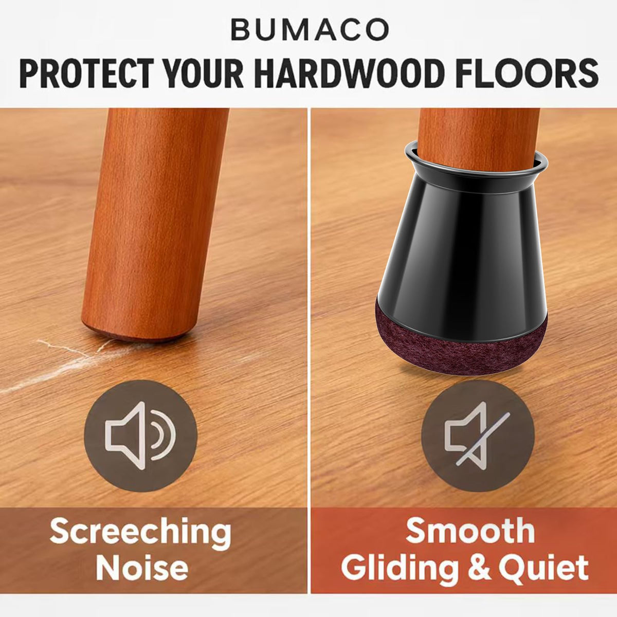 BUMACO silicone pads with felt bottom cushion movement and protect floors.