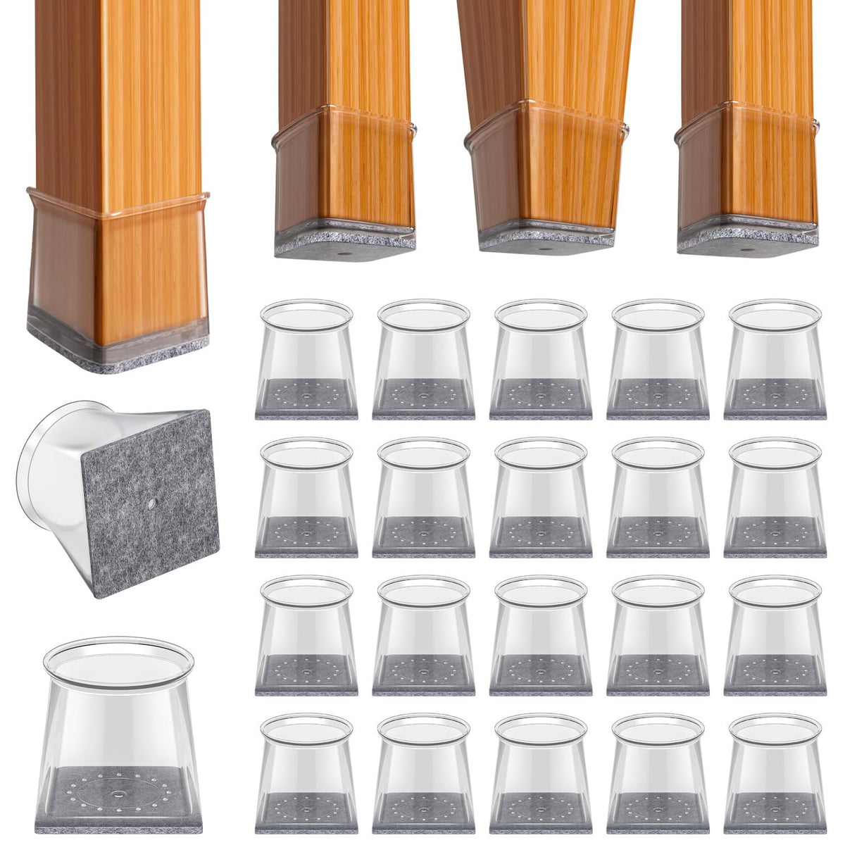 BUMACO square chair leg protector with silicone fit on a leg.