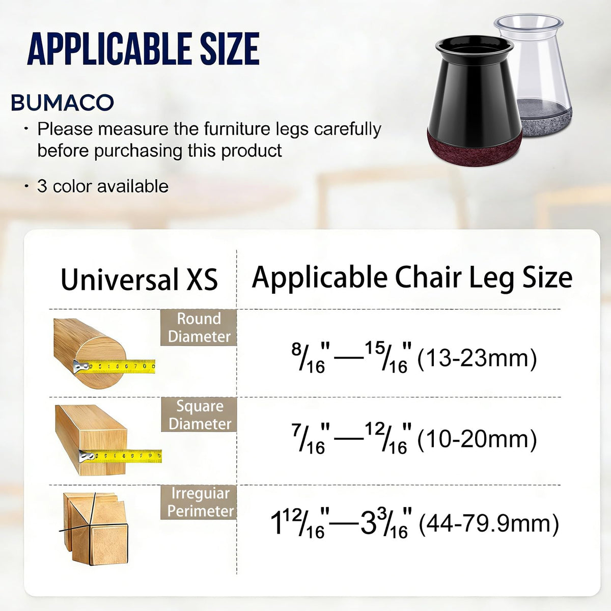 BUMACO universal XS fit shows size range for secure chair leg fit.