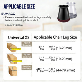 BUMACO universal XS fit shows size range for secure chair leg fit.