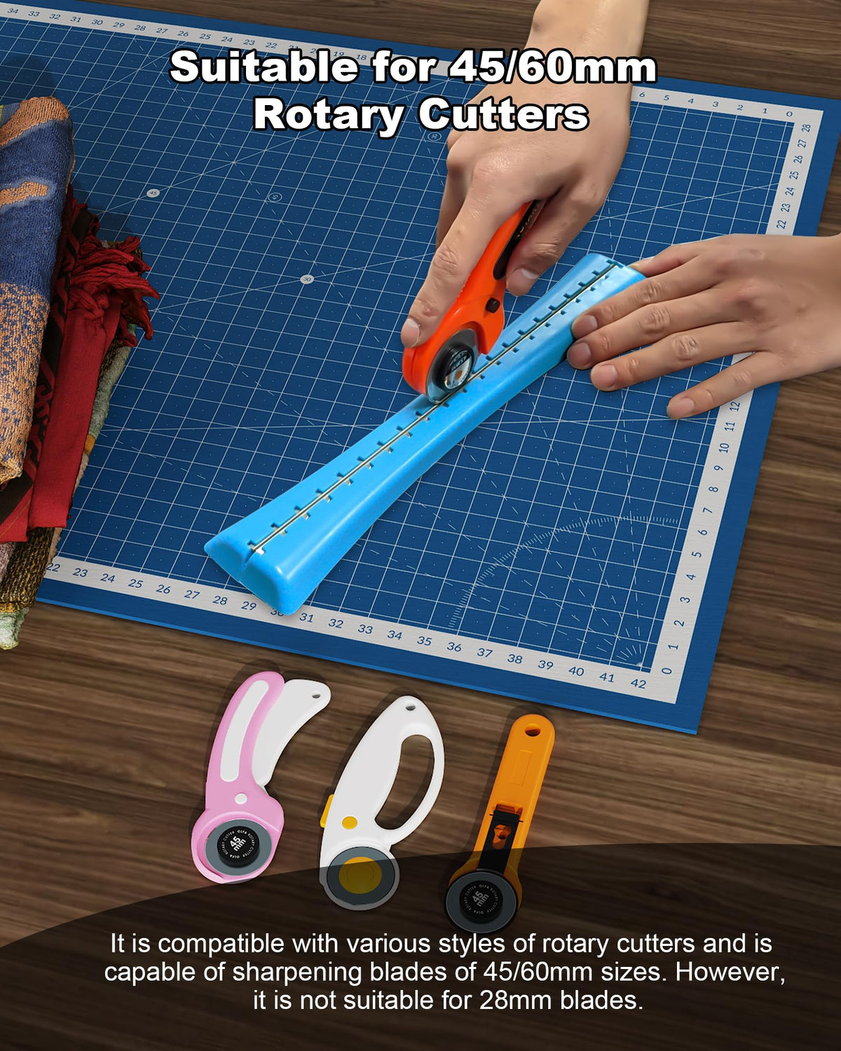 BUNIBUNICA sharpener in action with a rotary cutter demonstrates universal compatibility delivering precise fabric cuts.