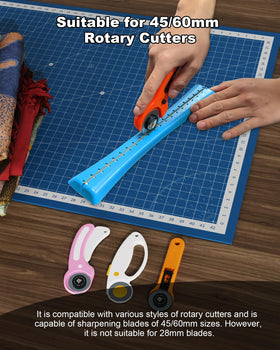 BUNIBUNICA sharpener in action with a rotary cutter demonstrates universal compatibility delivering precise fabric cuts.