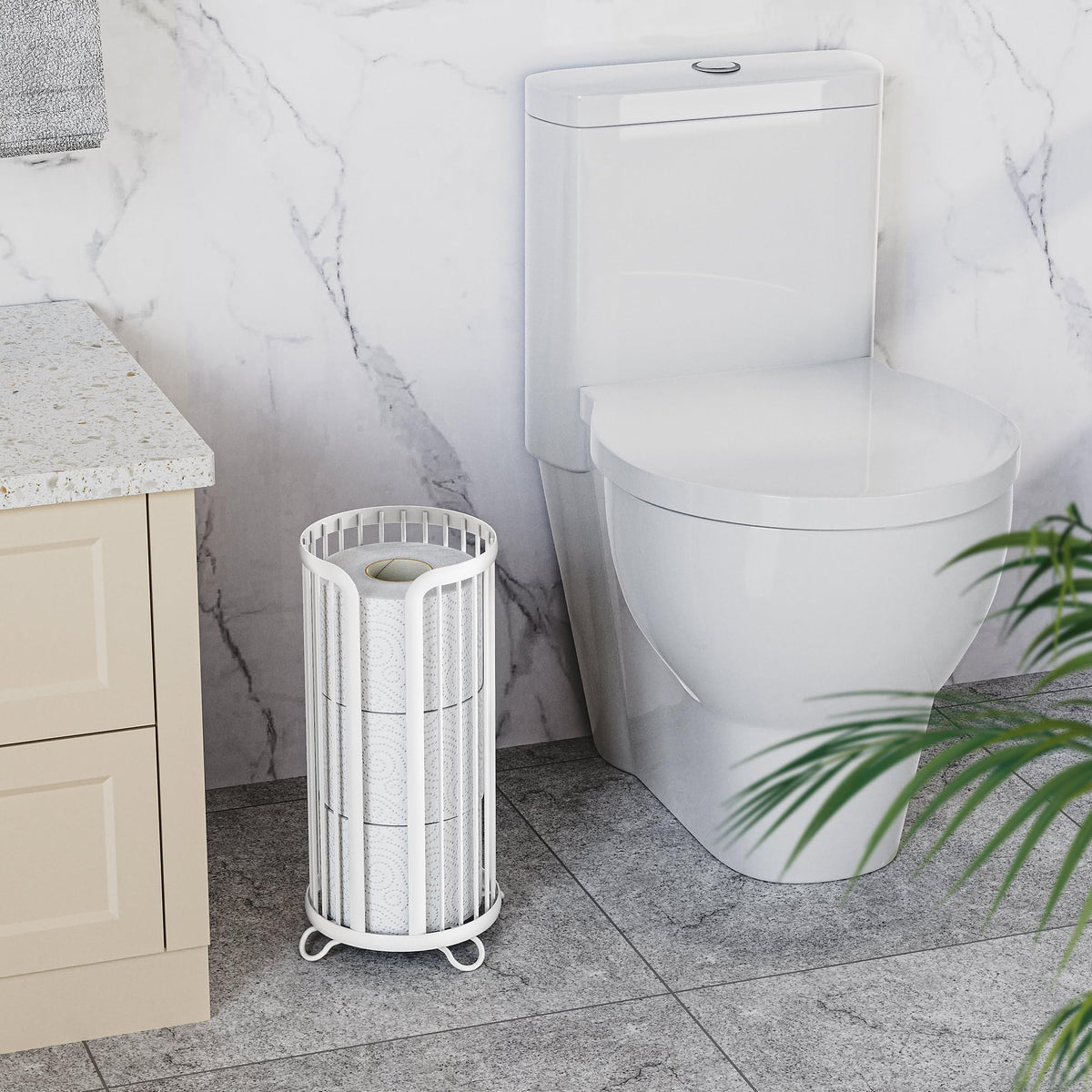 Bunoxea free-standing bathroom stand placed beside a toilet for convenient storage.