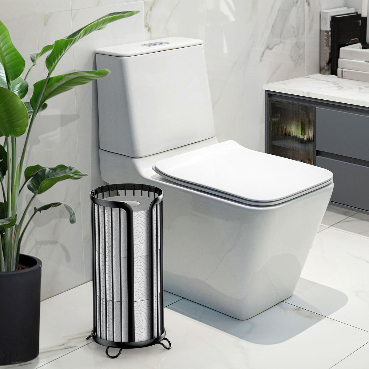 Bunoxea freestanding holder fits beside the toilet in small bathrooms