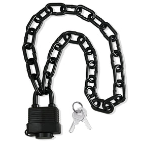 Bupto heavy-duty padlock with chain close-up showing reinforced steel links for durable security.