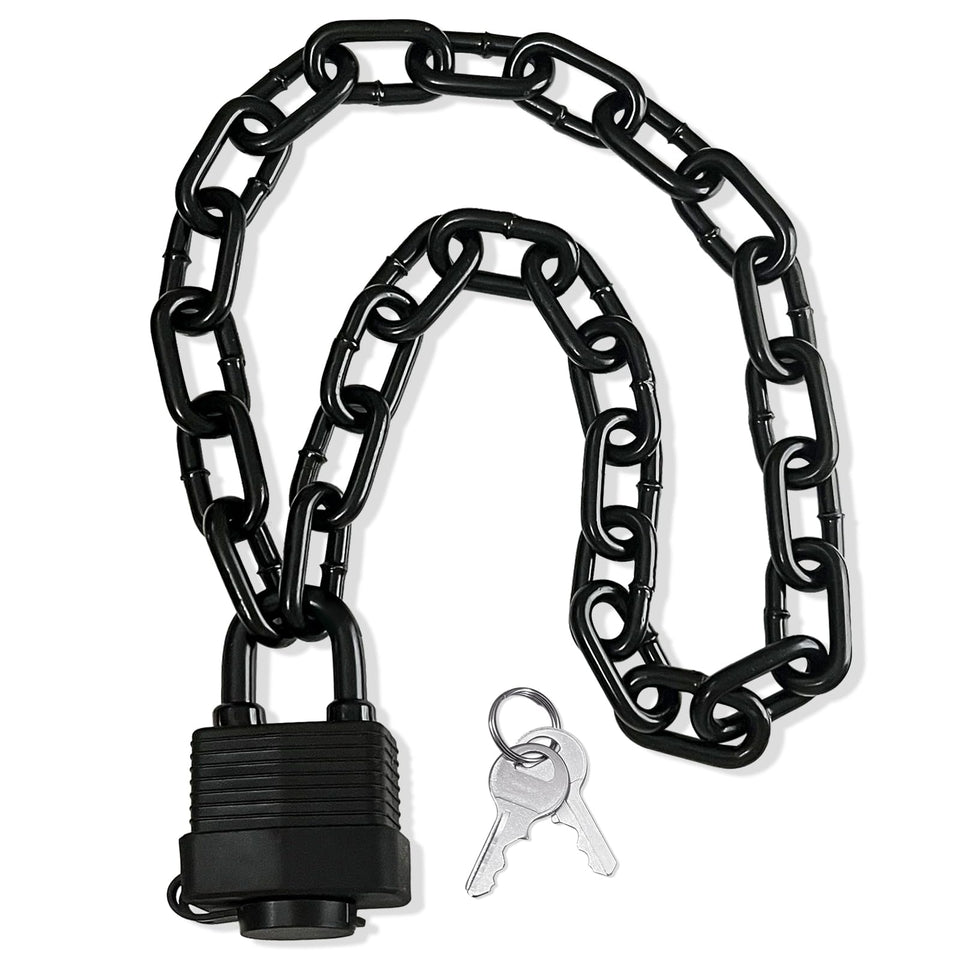 Bupto heavy-duty padlock with chain close-up showing reinforced steel links for durable security.