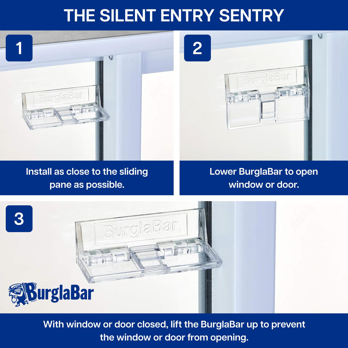 Adjustable-fit detail illustrating BurglaBar versatility for different door sizes.