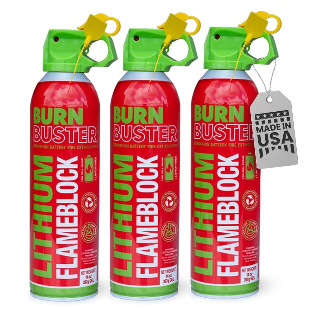 BurnBuster battery fire gel canister shows compact design for quick response to electronics fires.
