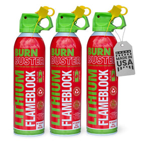 BurnBuster battery fire gel canister shows compact design for quick response to electronics fires.