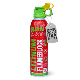 BurnBuster canister in hand, portable battery fire protection for home electronics.