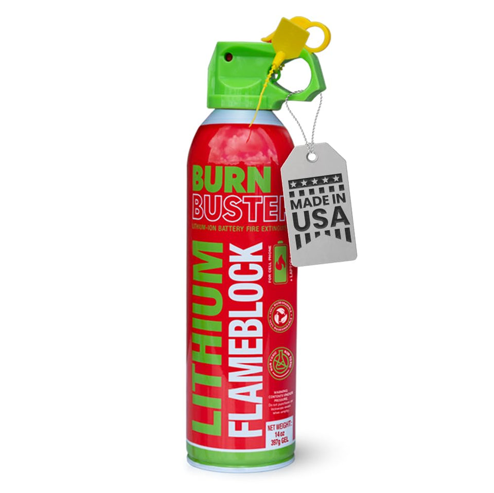 BurnBuster canister in hand, portable battery fire protection for home electronics.