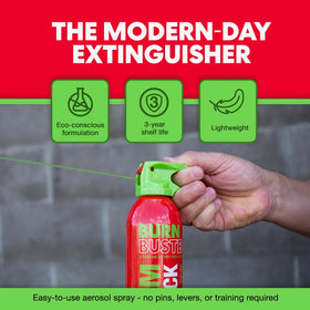 BurnBuster eco-friendly formulation protects people, pets, and electronics during small battery fires.