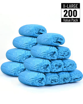 Buself X-Large blue shoe covers showing secure double-banded elastic fit