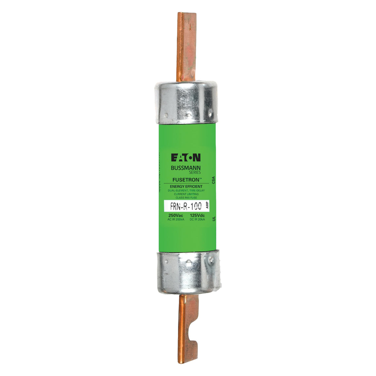 Bussmann BP/FRN-R-100 fuse cap close-up, dual-element time-delay for motor protection
