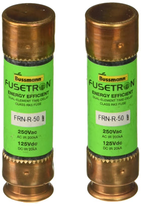 Bussmann FRN-R 50A fuse end-cap view highlighting dual-element protection for motors