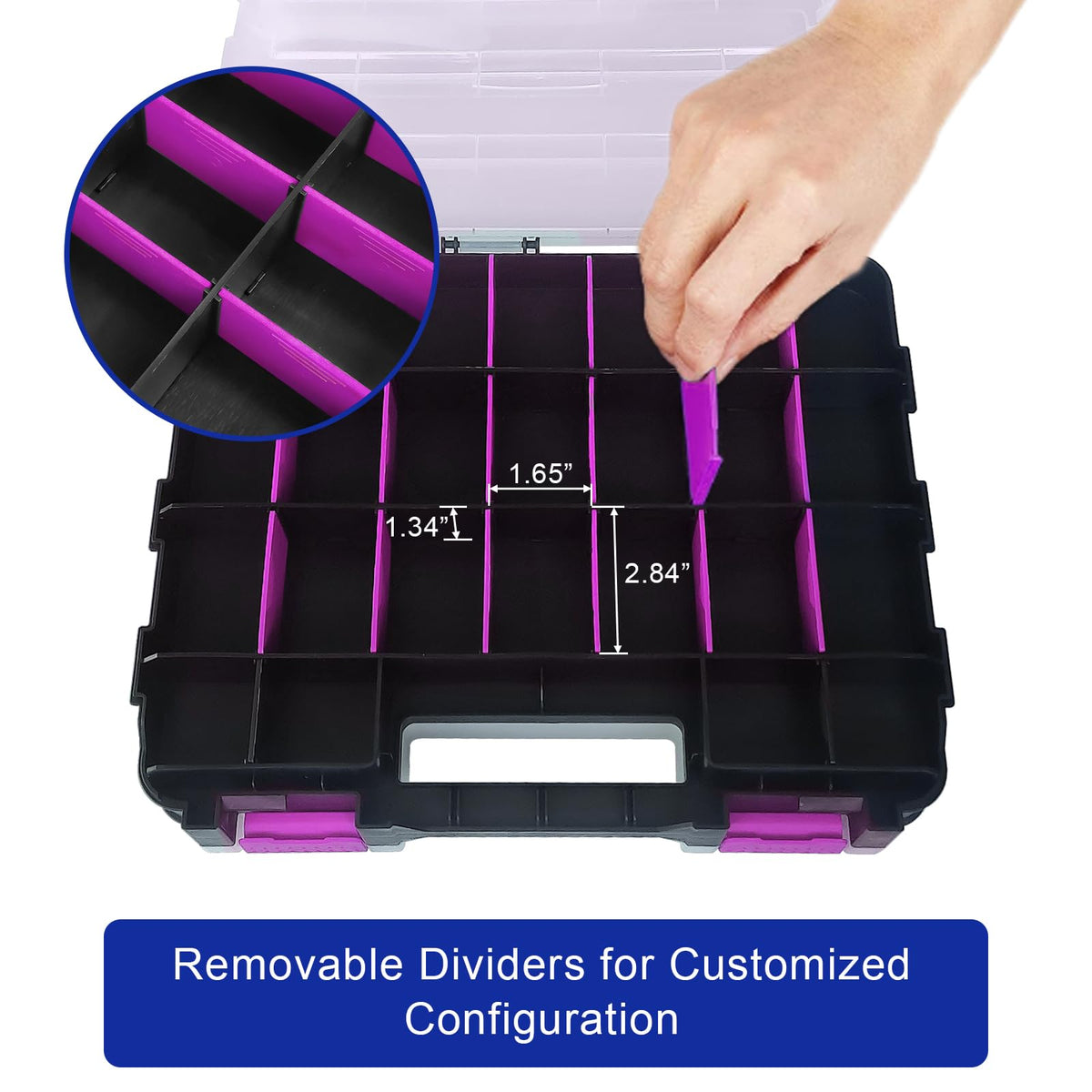 BUSY-CORNER removable dividers allow customizable pockets for small parts.