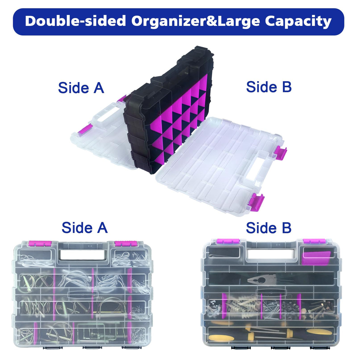 BUSY-CORNER purple safety clasp keeps contents secure during transport.