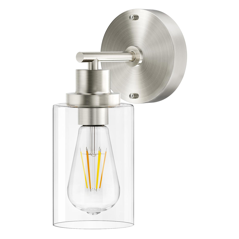 BUTHY brushed-nickel wall light front view ideal for compact hallways and bedrooms.