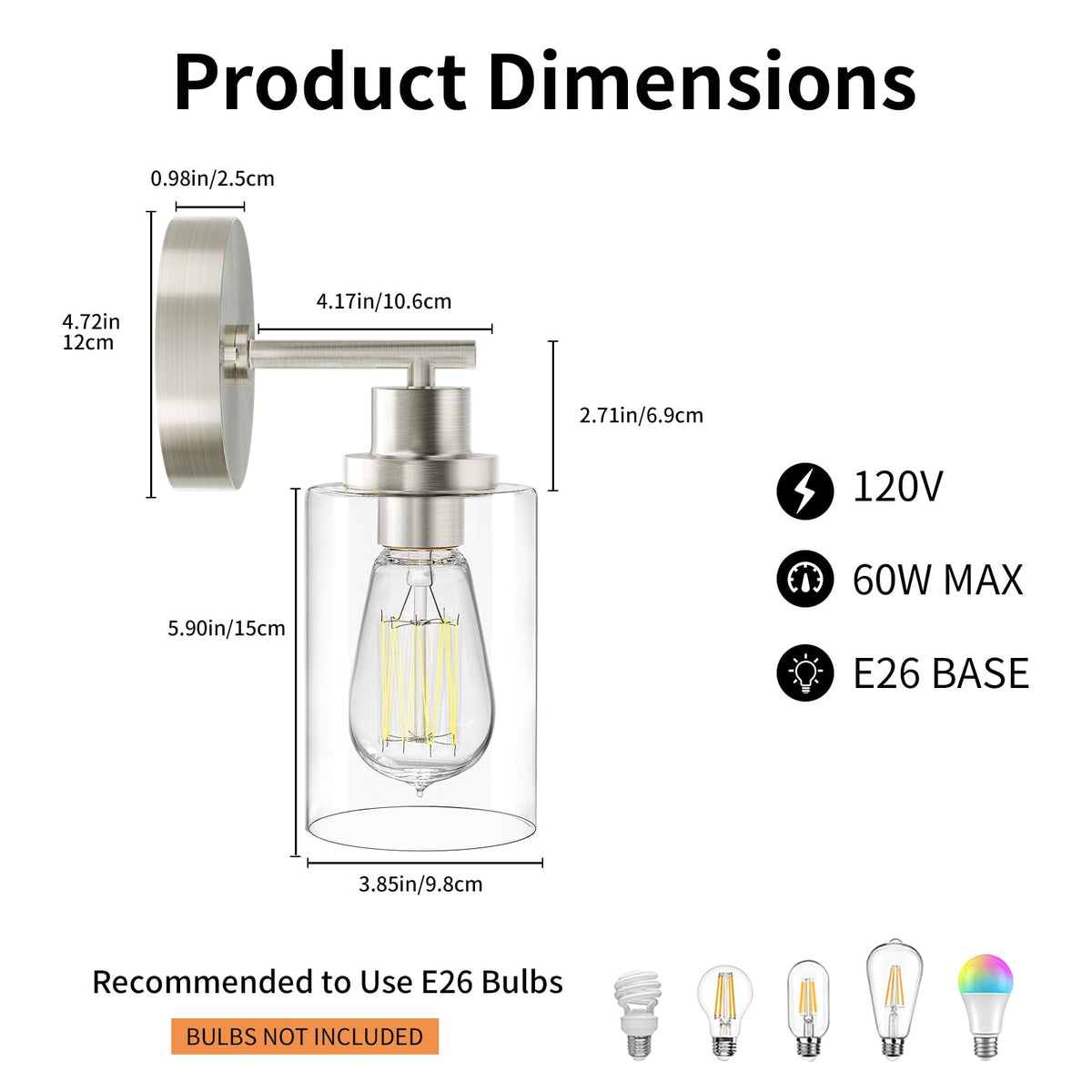 BUTHY brushed-nickel wall light shade detail with clear glass for brightness.