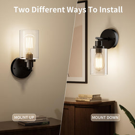 BUTHY wall sconce with clear glass shade for bright, inviting bedroom ambiance.