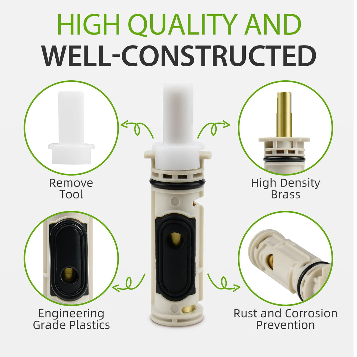 BUWTIQ Moen posi-temp valve cartridge visual focus: brass and plastic construction for longevity.