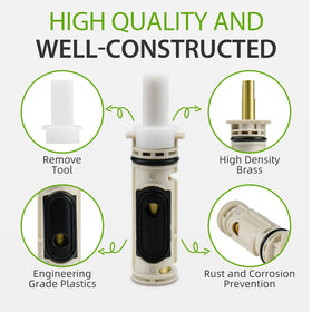 BUWTIQ Moen posi-temp valve cartridge visual focus: brass and plastic construction for longevity.