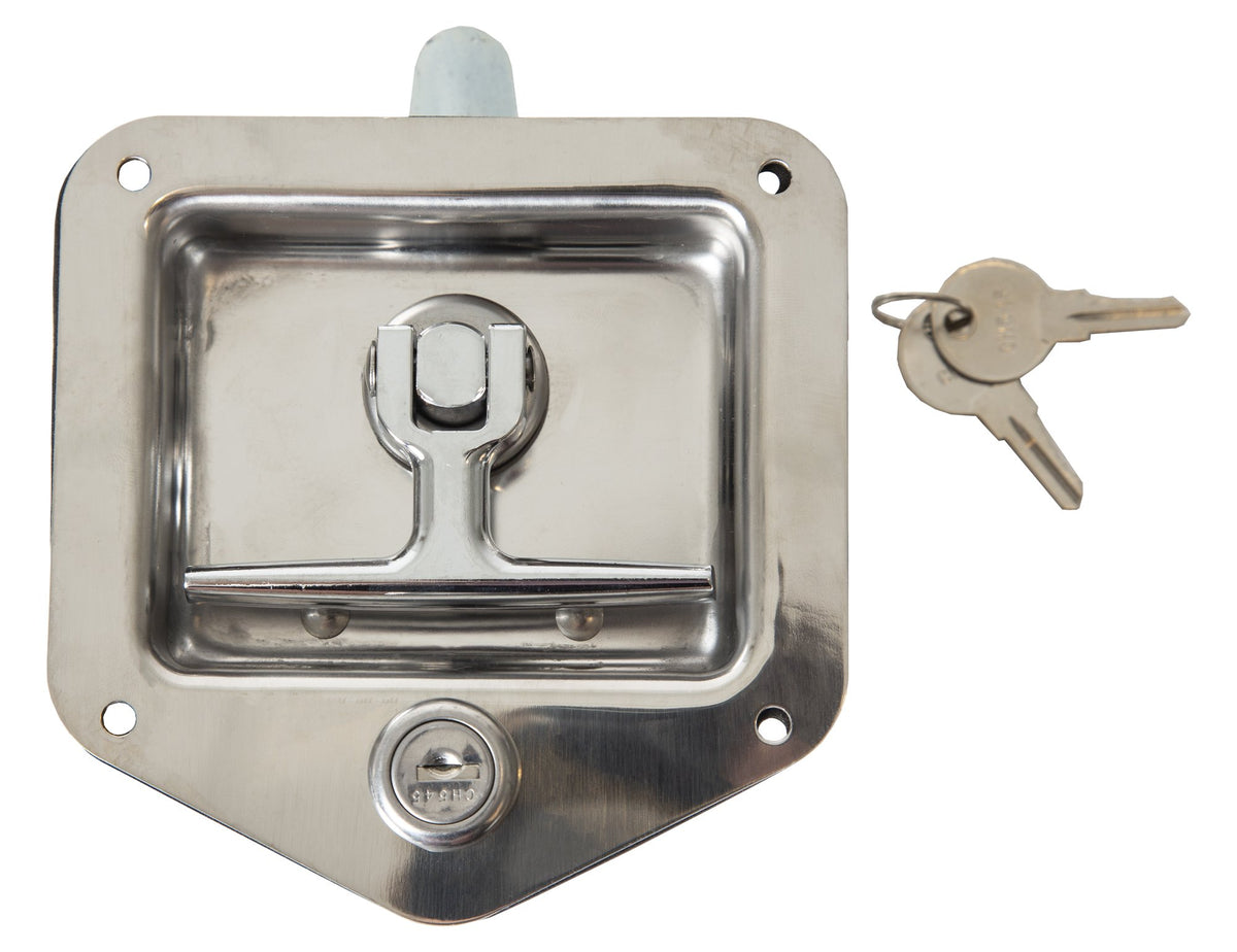 Buyers Products L8815 T-Handle Latch front view in polished stainless steel for durable truck tool boxes.