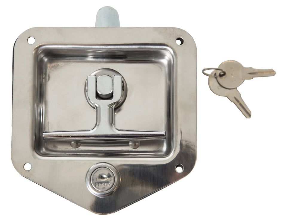 Buyers Products L8815 T-Handle Latch front view in polished stainless steel for durable truck tool boxes.