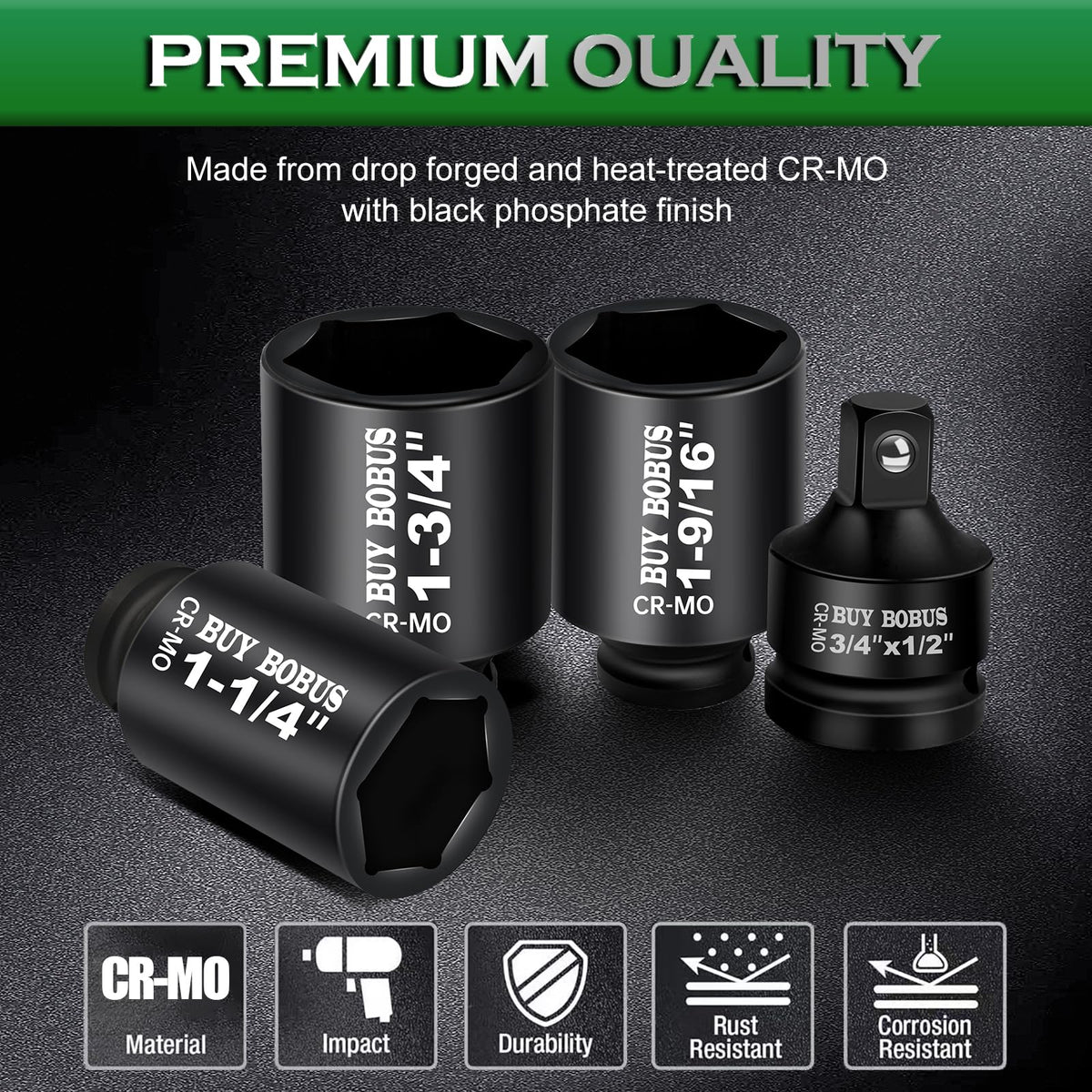 BUYROBUS sockets built from Chrome Molybdenum steel for high durability.