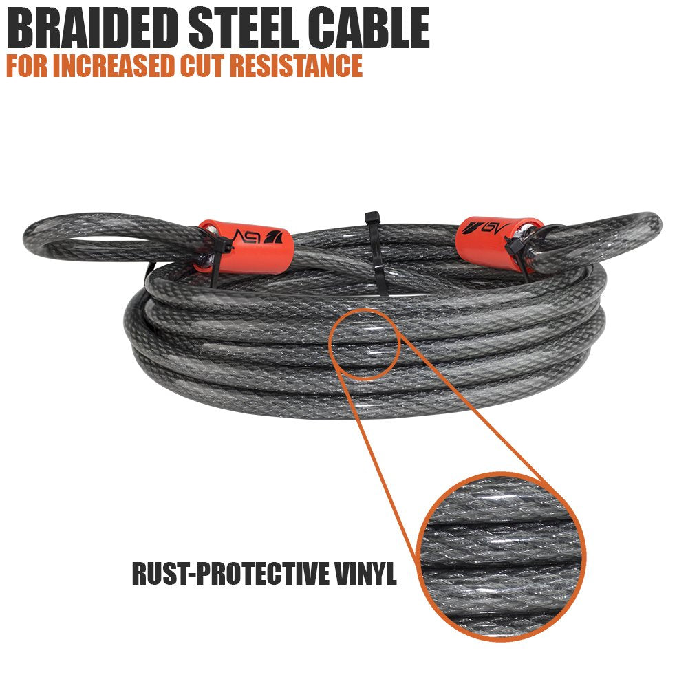 BV cable compatible with U-lock, disc lock, and padlock for versatile security