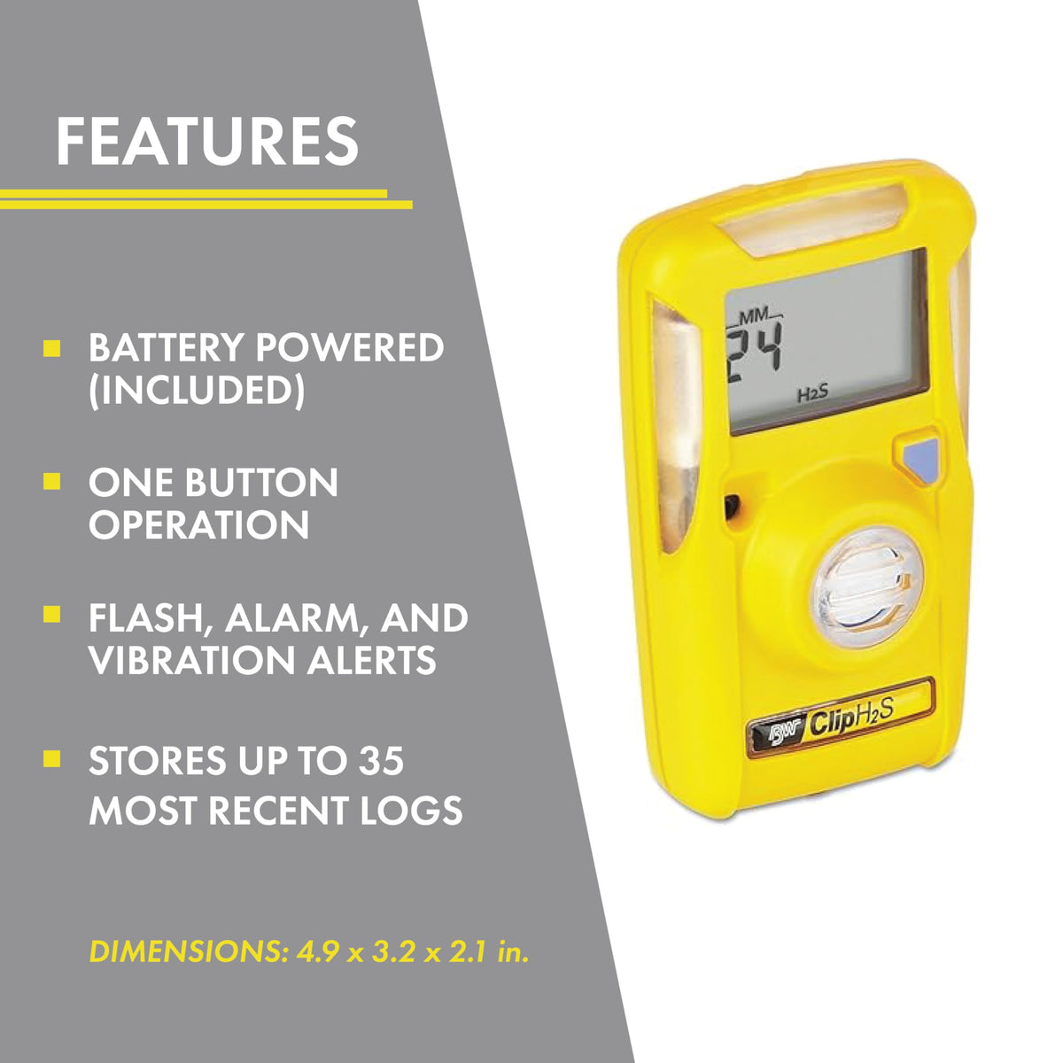 BW Clip H2S detector in yellow worn on a worker's vest, showing its compact profile
