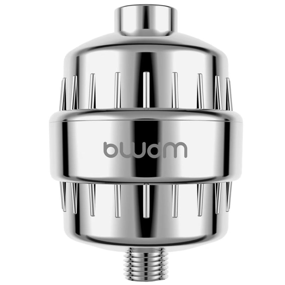bwdm 15-stage shower filter chrome front view reduces chlorine for softer, smoother skin