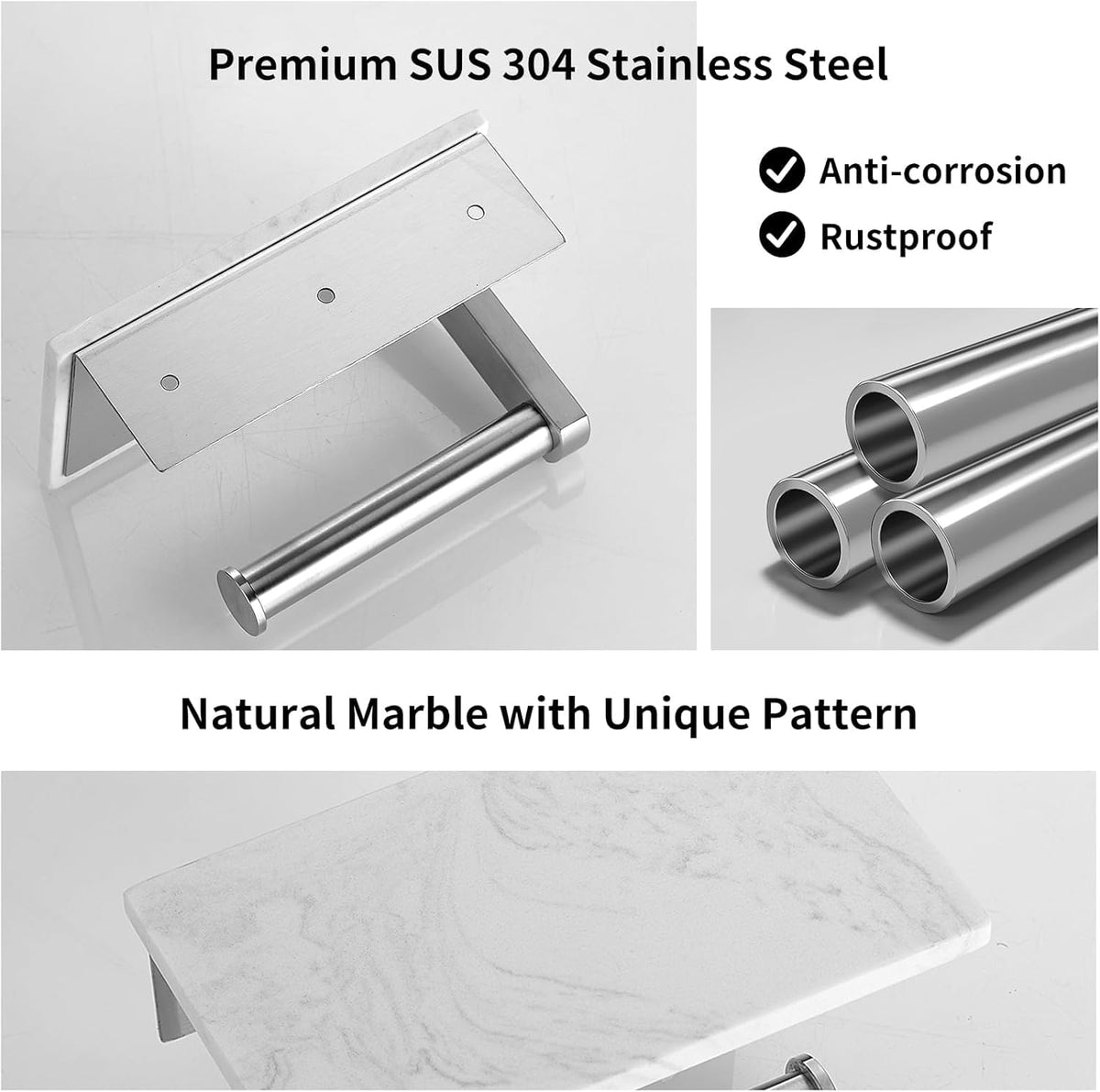 304 stainless steel construction resists rust in humid bathrooms.
